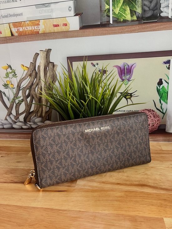 Michael Kors Handbags - Michael Kors Brown Continental Travel Signature Logo Wallet Large
